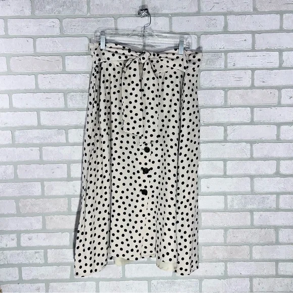 Ann Taylor Black and Cream Polka Dot Button Front Tie Belt Midi Skirt Size 18 - Picture 3 of 11
